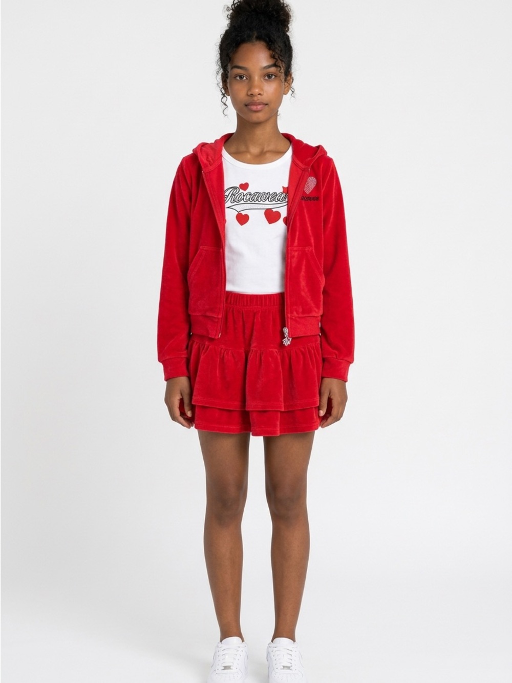 Rocawear Girls' Red Velour Hoodie & Tiered Skirt Set